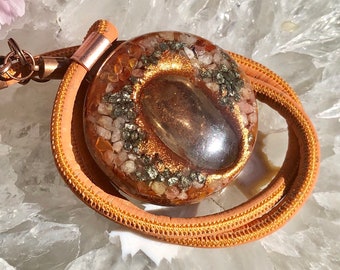 Orgonite® Pendant (Large - 2 inches) - Sunstone/Red Carnelian/Pyrite/Smoky Quartz - FREE WORLDWIDE SHIPPING!