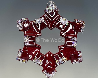 MERRY Red Crystalline Iridized Snowflake, Fused Glass Ornament Suncatcher
