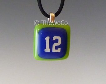 12 Necklace - Blue and Green - Seahawks Colors Hand-Made Fused Glass