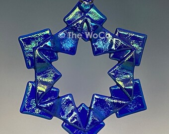 BAUBLES Dark Blue Iridized Snowflake, Fused Glass Ornament Suncatcher