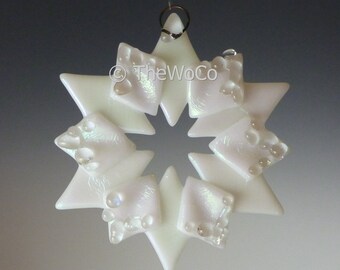 SOLSTICE Crystalline White Iridized Snowflake, Fused Glass Ornament Suncatcher