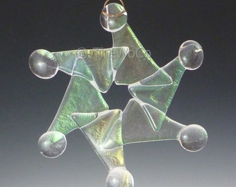 WHIRL Clear Iridized Snowflake, Fused Glass Ornament Suncatcher