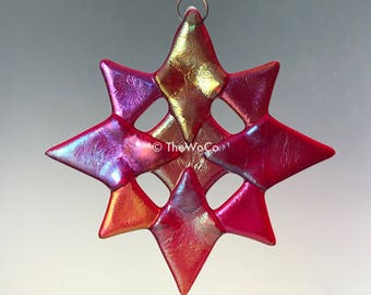 NORTH Red Iridized Snowflake, Fused Glass Ornament Suncatcher