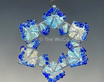 BAUBLES Clear with Blue Crystalline Iridized Snowflake, Fused Glass Ornament Suncatcher