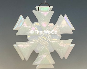 BRISK White Iridized Fused Glass Snowflake Ornament Suncatcher