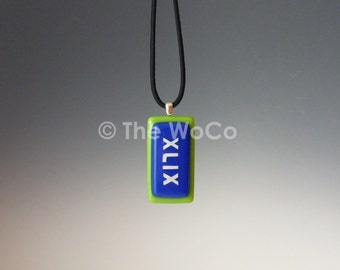 Superbowl XLIX Necklace - Blue and Green, White Letters - Seahawks Colors Hand-Made Fused Glass