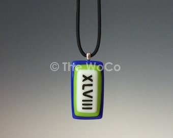 Superbowl XLVIII Necklace - Blue and Green, Black Letters - Seahawks Colors Hand-Made Fused Glass
