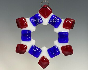MERRY Independence Snowflake, Fused Glass Ornament Suncatcher