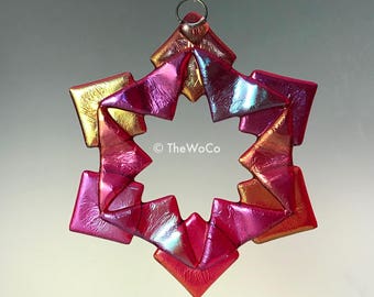 BAUBLES Red Iridized Snowflake, Fused Glass Ornament Suncatcher