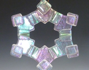 MERRY Clear Iridized Snowflake, Fused Glass Ornament Suncatcher