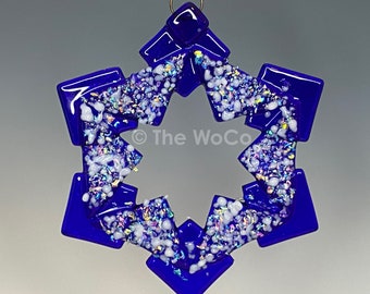BAUBLES Dark Blue Crystalline Iridized Snowflake, Fused Glass Ornament Suncatcher