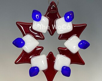 SOLSTICE Independence Snowflake, Fused Glass Ornament Suncatcher