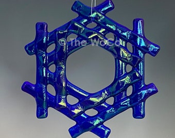 TINSEL Dark Blue Iridized Snowflake, Fused Glass Ornament Suncatcher