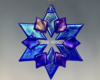 SOLSTICE Dark Blue Iridized Snowflake, Fused Glass Ornament Suncatcher