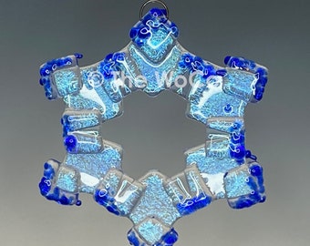 MERRY Clear with Blue Crystalline Iridized Snowflake, Fused Glass Ornament Suncatcher