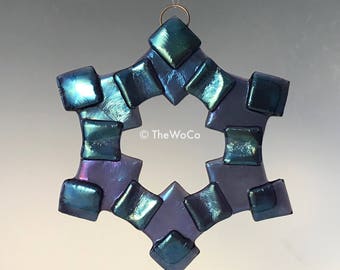 MERRY Purple Iridized Snowflake, Fused Glass Ornament Suncatcher