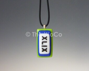 Superbowl XLIX Necklace - Green and Blue, Black Letters - Seahawks Colors Hand-Made Fused Glass