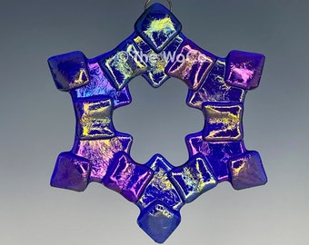 MERRY Dark Blue Iridized Snowflake, Fused Glass Ornament Suncatcher