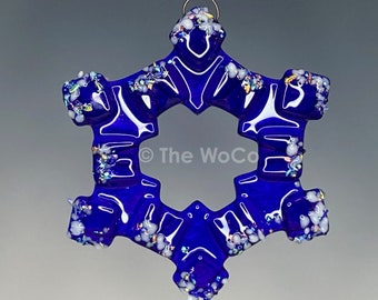 MERRY Dark Blue Crystalline Iridized Snowflake, Fused Glass Ornament Suncatcher