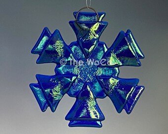 BRISK Dark Blue Iridized Fused Glass Snowflake Ornament Suncatcher