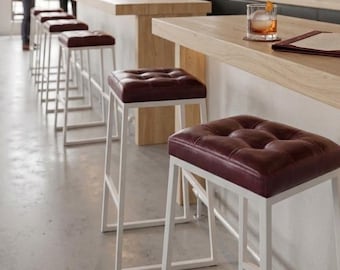 Leather high chair, Metal industrial bar stool, coffee shop chairs, Mid century modern hotel seats, Industrial restaurant furniture