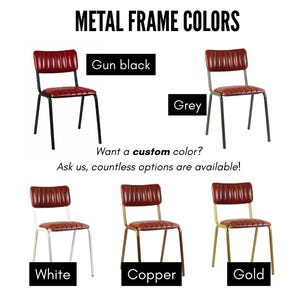 May include: Image of dining chairs with metal frames in gun black, grey, white, copper, and gold. Each chair has a burgundy seat and backrest. Text reads "METAL FRAME COLORS" and "Want a custom color? Ask us, countless options are available!"