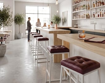 LEATHER bar chair, Metal industrial bar stool, coffee shop chairs, Mid century modern hotel decor, Industrial restaurant furniture