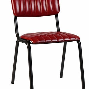 May include: A red, padded chair with a black metal frame. The chair features a rectangular back and a seat with horizontal stitching. The legs are angled for stability. The chair's dimensions are suitable for a dining or kitchen setting.