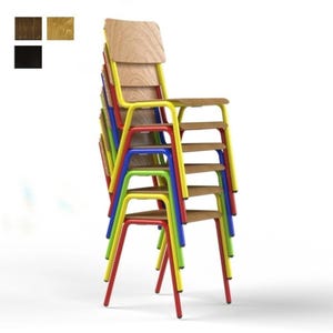 May include: A stack of colorful chairs with wooden seats and backs. The metal frames are painted in red, yellow, blue, and green. The chairs are stacked on top of each other, showcasing their design and color variations.