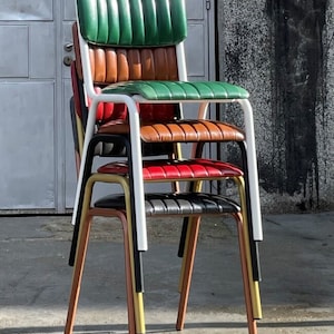 Classic DINING CHAIR VINTAGE Look With Ribbed Design, Eco Or Genuine Leather, Stackable Steel Frame, Handmade And Customizable