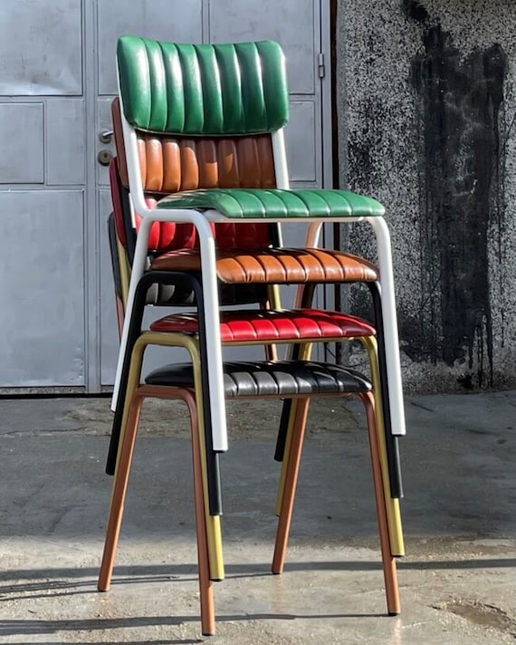 Mid century modern metal dining chair, Accent upholstered leather chair, Restaurant & hotel interior, Industrial primitive furniture