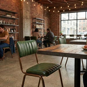 May include: A cafe interior with exposed brick walls, concrete floors, and large windows. The space features metal shelving, wooden tables, and green chairs. Several people are seated at tables, some with food and drinks. String lights hang from the ceiling.