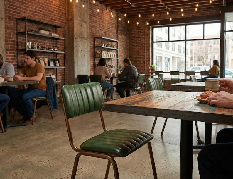 May include: A cafe interior with exposed brick walls, concrete floors, and large windows. The space features metal shelving, wooden tables, and green chairs. Several people are seated at tables, some with food and drinks. String lights hang from the ceiling.