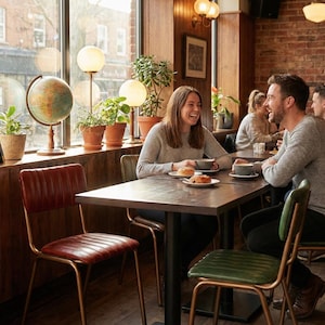 May include: A cafe interior with people seated at tables, enjoying coffee and pastries. The scene includes a globe, plants, and warm lighting. Chairs with red and green seats are visible.