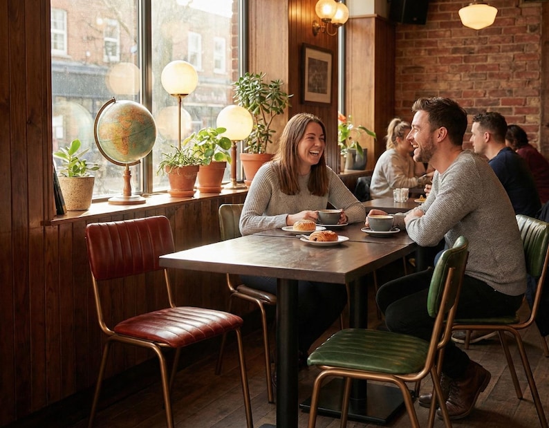 May include: A cafe interior with people seated at tables, enjoying coffee and pastries. The scene includes a globe, plants, and warm lighting. Chairs with red and green seats are visible.
