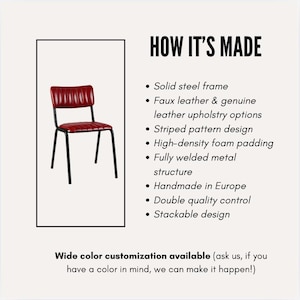 May include: A red and black chair with a striped pattern design. The chair has a solid steel frame and faux leather upholstery. The text "HOW IT'S MADE" is at the top, with details about the chair's construction. The text "Wide color customization available" is at the bottom.