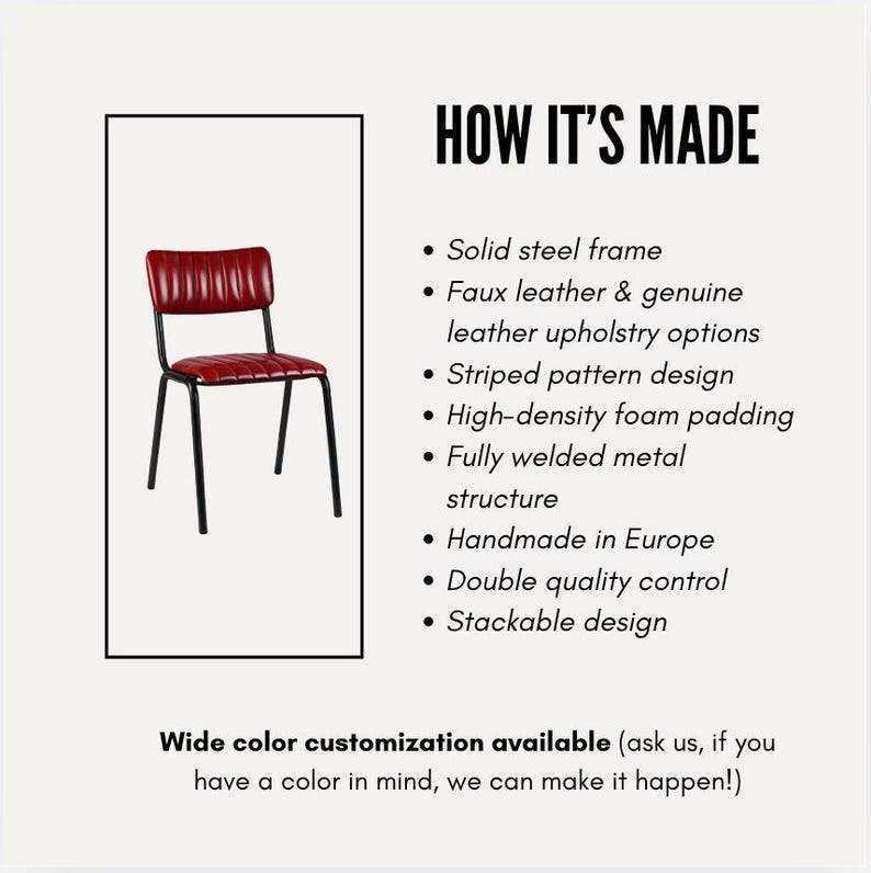 May include: A red and black chair with a striped pattern design. The chair has a solid steel frame and faux leather upholstery. The text "HOW IT'S MADE" is at the top, with details about the chair's construction. The text "Wide color customization available" is at the bottom.