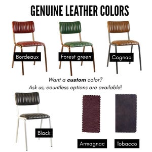May include: Image displaying genuine leather chair colours: Bordeaux, Forest green, and Cognac. Additional options include Black, Armagnac, and Tobacco. The text reads "Want a custom colour? Ask us, countless options are available!"