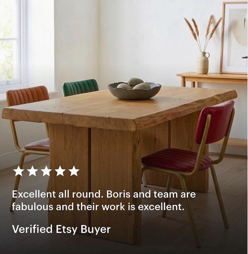 May include: A rustic wooden dining table with a natural finish, accompanied by chairs with red, orange, and green velvet seats and gold metal frames. A dark bowl with stones is on the table. The text reads: Excellent all round. Verified Etsy Buyer.