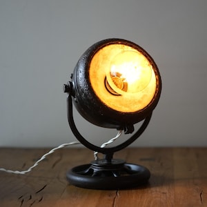 Motorcycle Headlight Desk Lamp 1, Base of Solid Steel Vintage Singer Sewing Machine Wheel, Upcycled Accent Home Decor, Perfect Handmade Gift