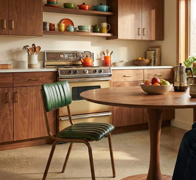 May include: A retro kitchen with wooden cabinets, shelves, and a round table. A green leather chair is in front of the table. The kitchen includes a stove, a bowl of fruit, and various kitchenware.