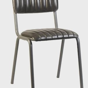 May include: A grey metal chair with a padded seat and backrest. The seat and back have a ribbed design. The chair has four legs and a simple, industrial design. Suitable for dining or as an accent piece.