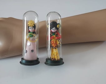 Antique Pair of 2 ORIENTAL 3" dress Ladies Wire Bend FIGURINES inside Removable Glass Tubes (Made in TAIWAN) - Rare, Gorgeous Details