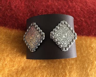 Handmade Brown Leather Cuff With Silver Rectangular Conchos RM503