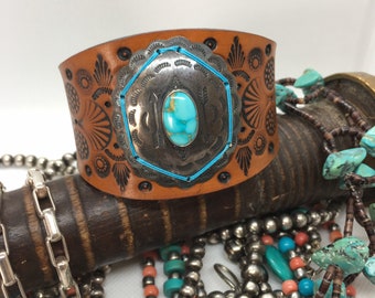 Hand Stamped Leather Cuff With Vintage Concho RM105A