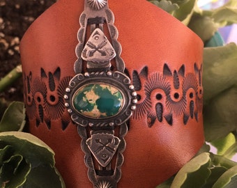 Hand Stamped And Stained Leather Cuff With Vintage Concho RM 140A