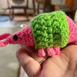 Könnte beinhalten: Ein rosa und grünes Häkeltier in Form einer Kellerassel. Das Spielzeug hat ein schwarzes Auge und kleine rosa Beine.