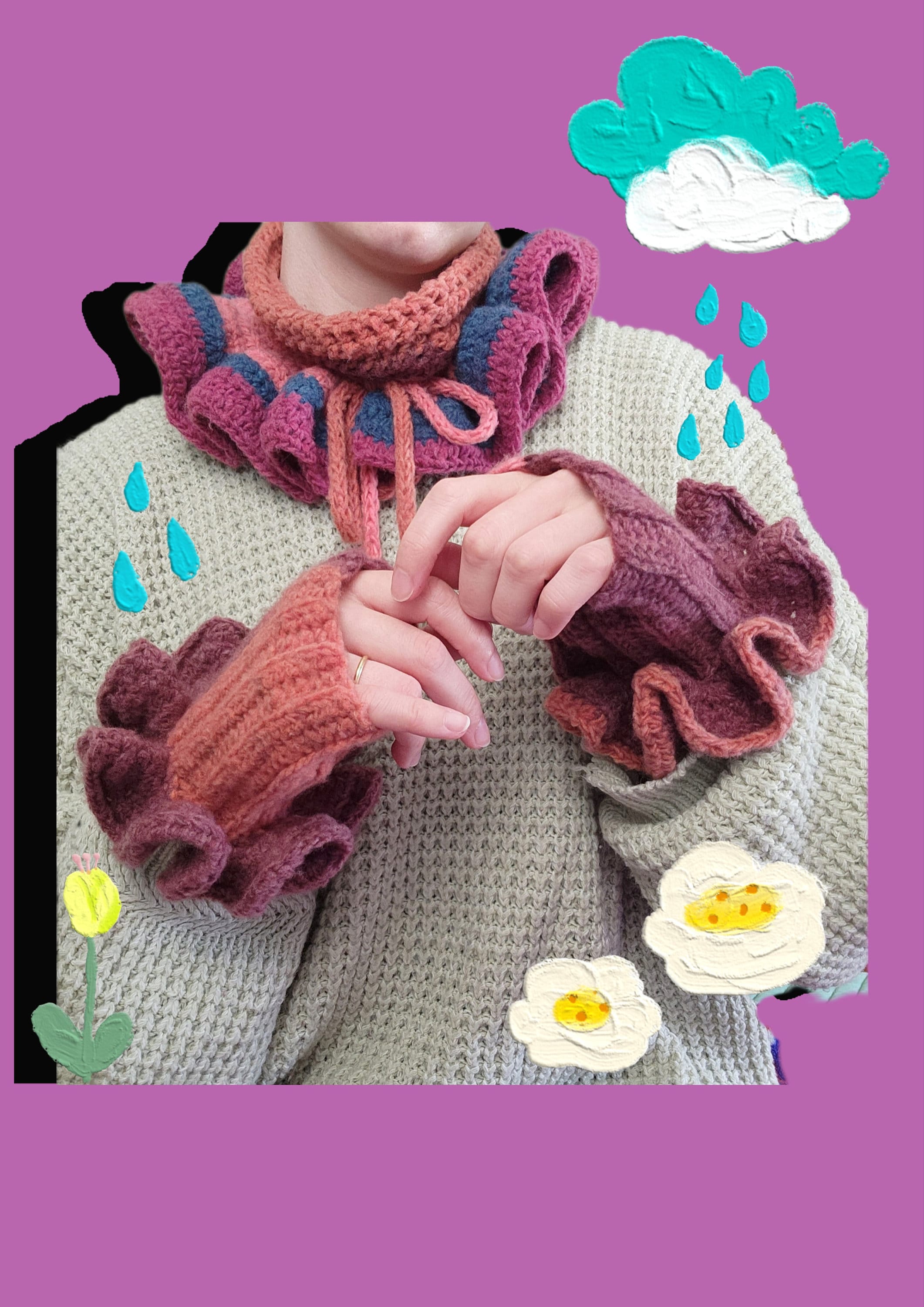 Handgestrickte Armstulpen mit Rüschen: Soft Clowncore Jester Fashion