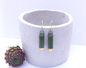 Handmade rectangle porcelain earrings with long green/gold bead