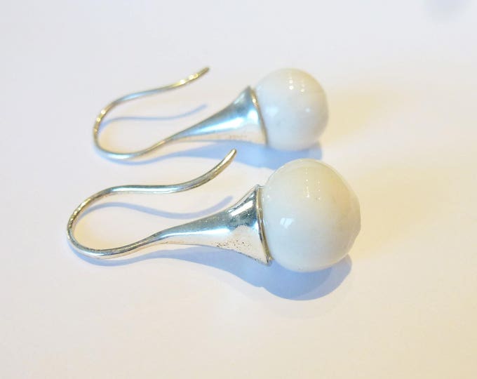 Porcelain earring: Long real silver earring with handmade white ceramicbead
